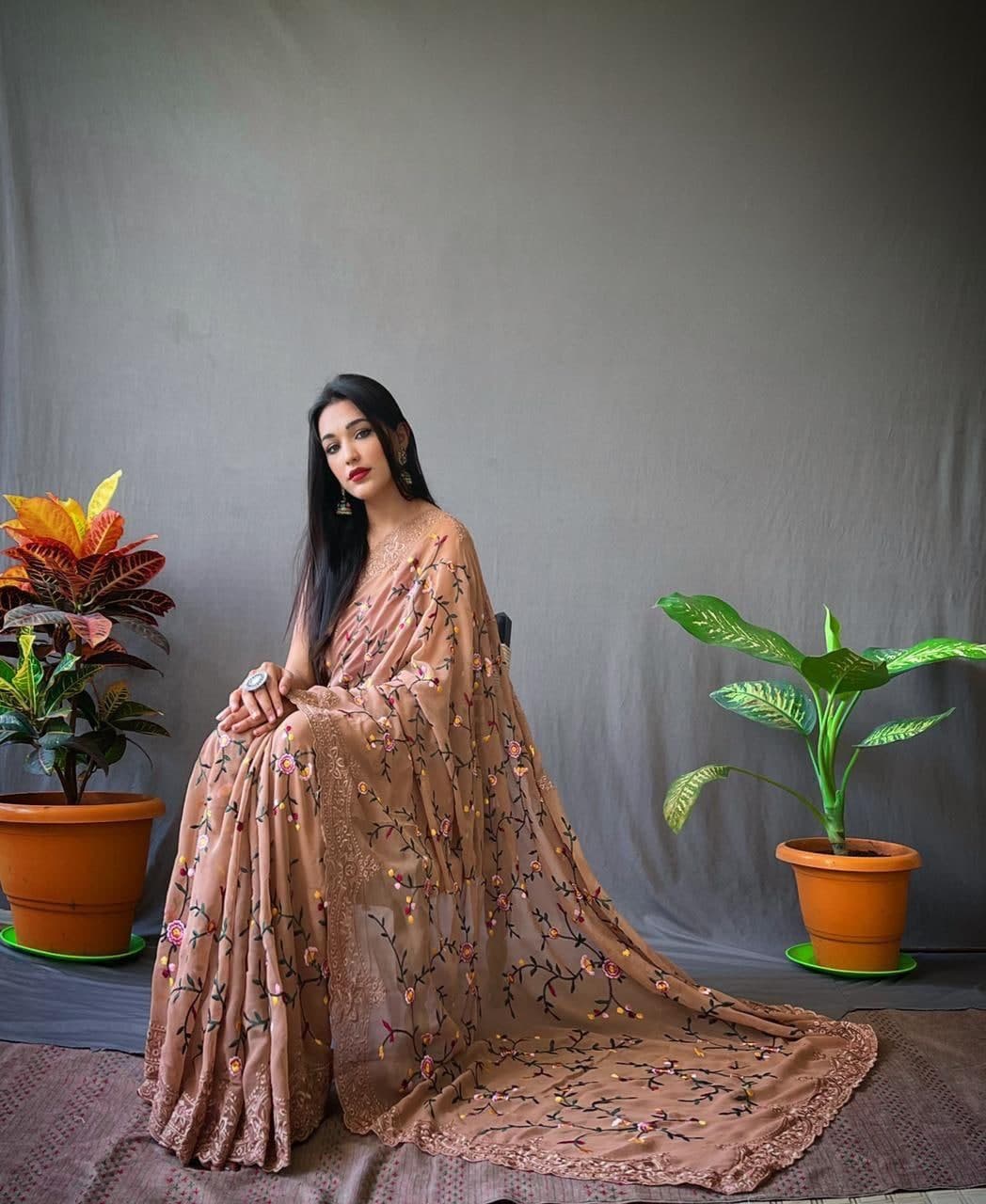 Stunning Copper Color Party Wear Georgette Silk Thread Work Saree Blouse