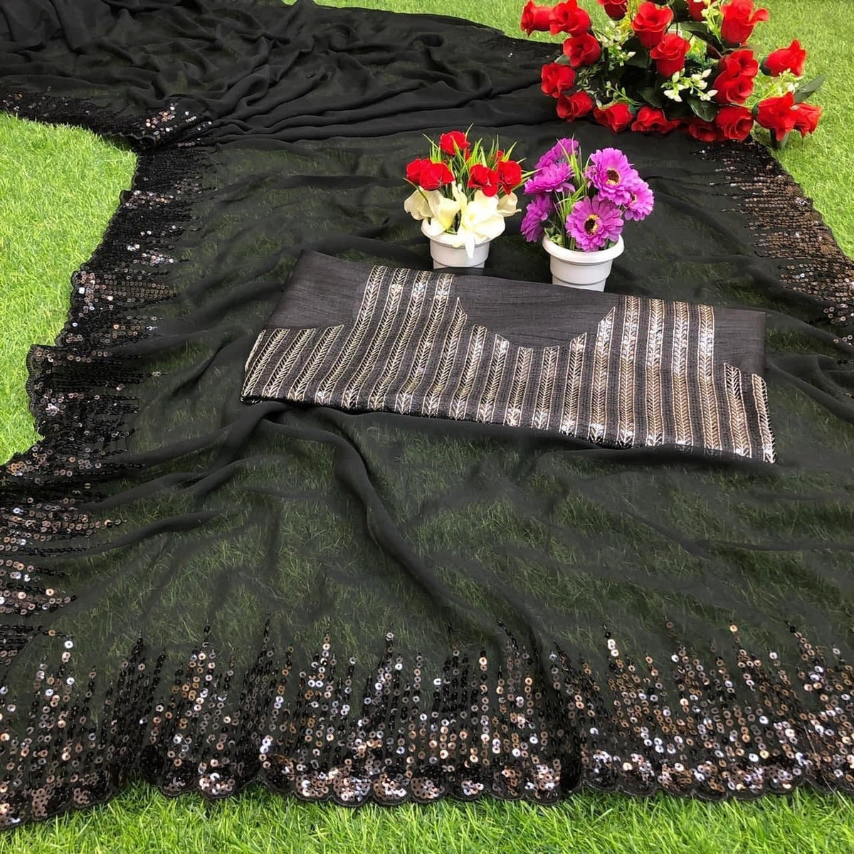 Starling Black Color Georgette Sequence Work Saree Blouse For Women