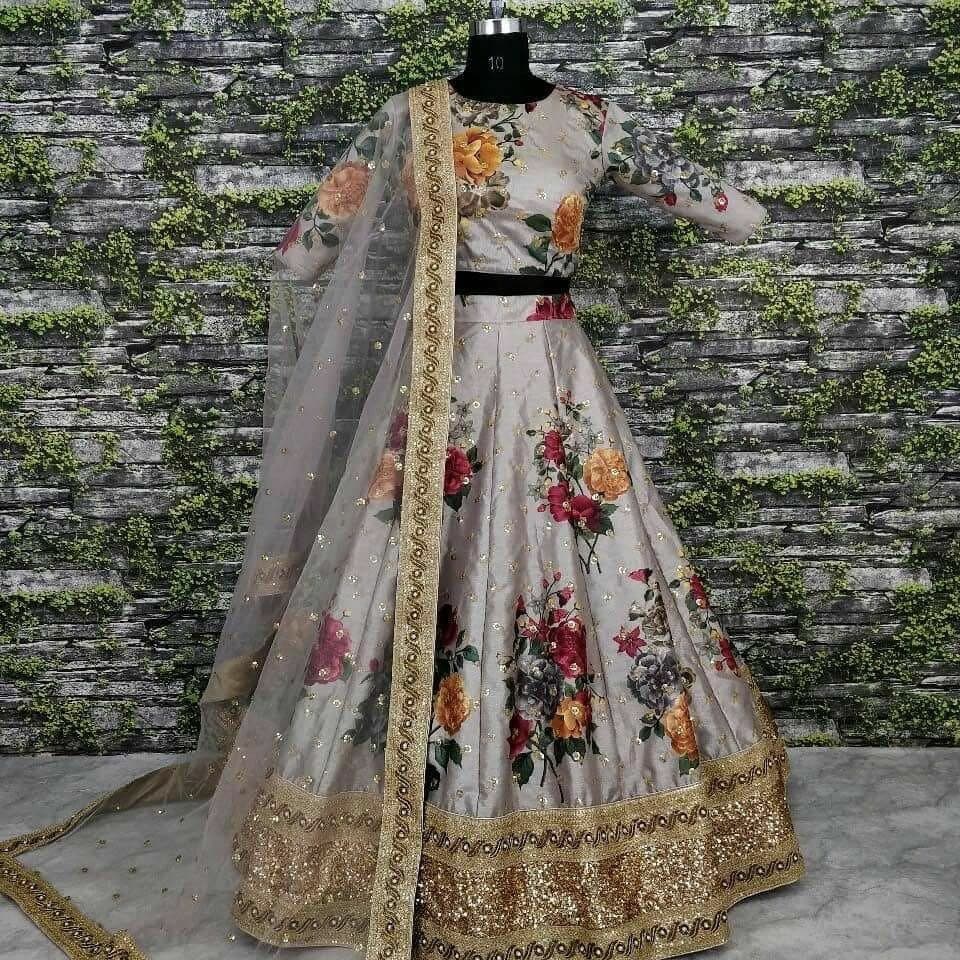 Mesmeric Grey Color Satin Printed Embroidered Work Lehenga Choli