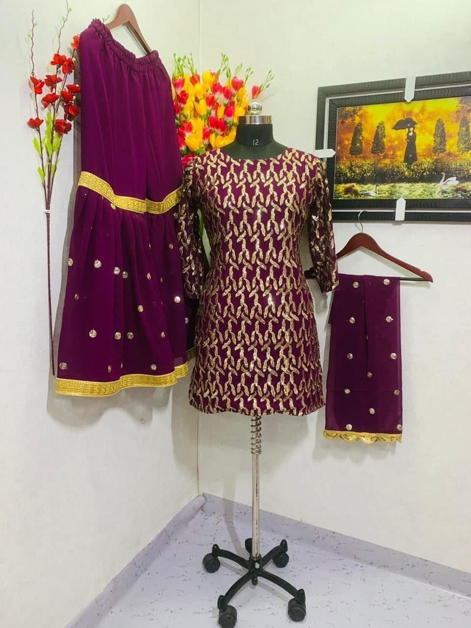 Wonderful Wine Color Sequence Embroidered Work Georgette Sharara Suit