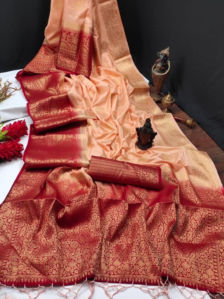 Classic Peach Color Silk Festival Wear Jacquard Weaving Work Saree Blouse