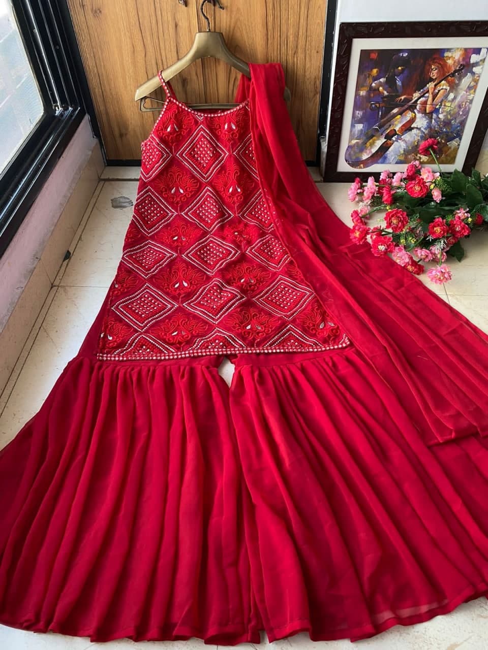 Dashing Red Color Embroidered Work Festive Wear Georgette Sharara Suit