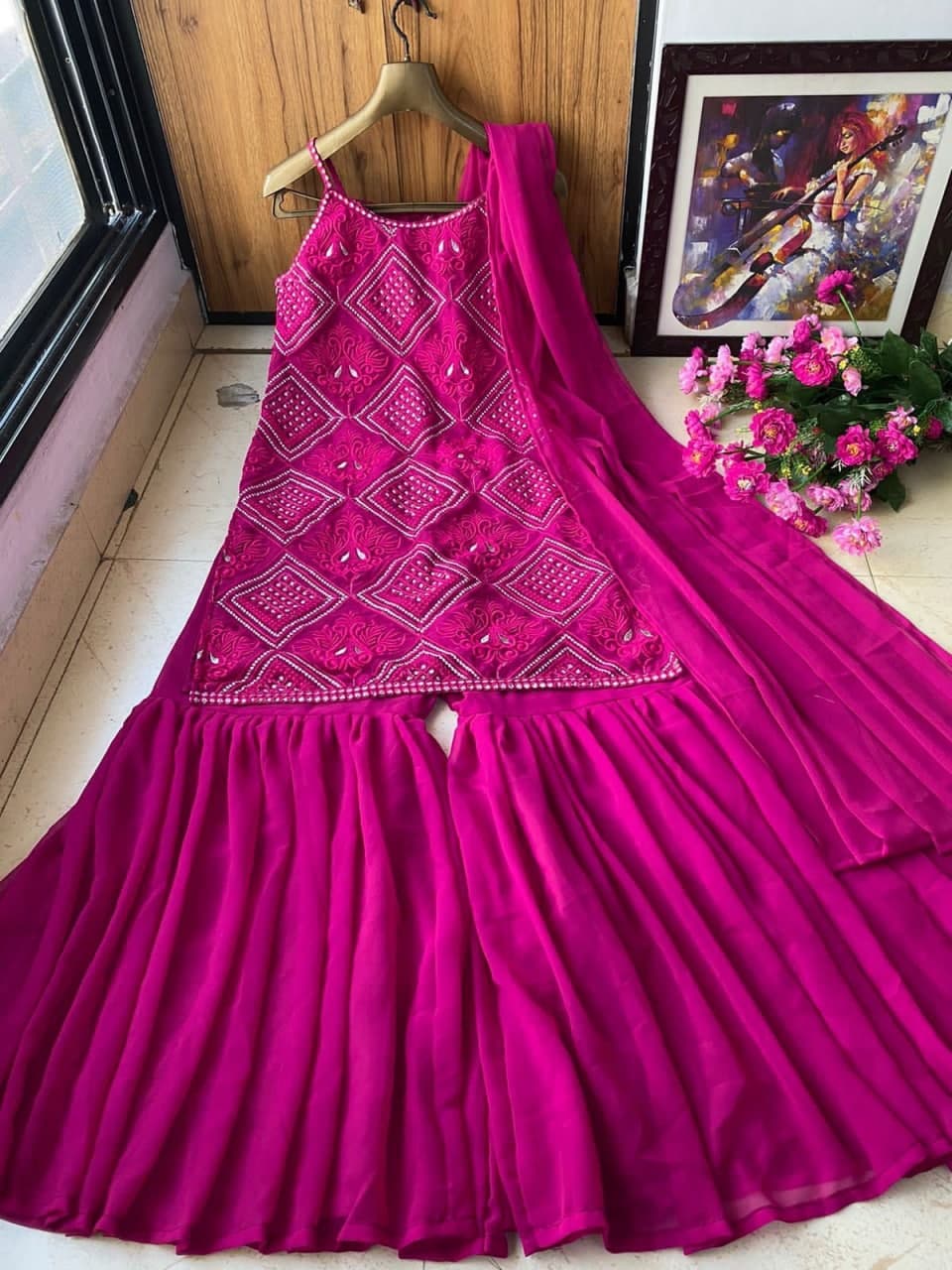 Striking Magenta Color Georgette Party Wear Embroidered Work Plazo Suit