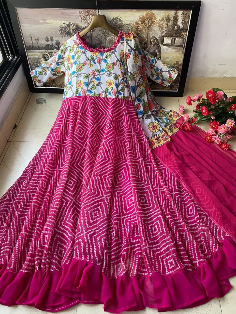 Lovable Rani Pink Color Dgital Printed Georgette Dupatta Gown For Women
