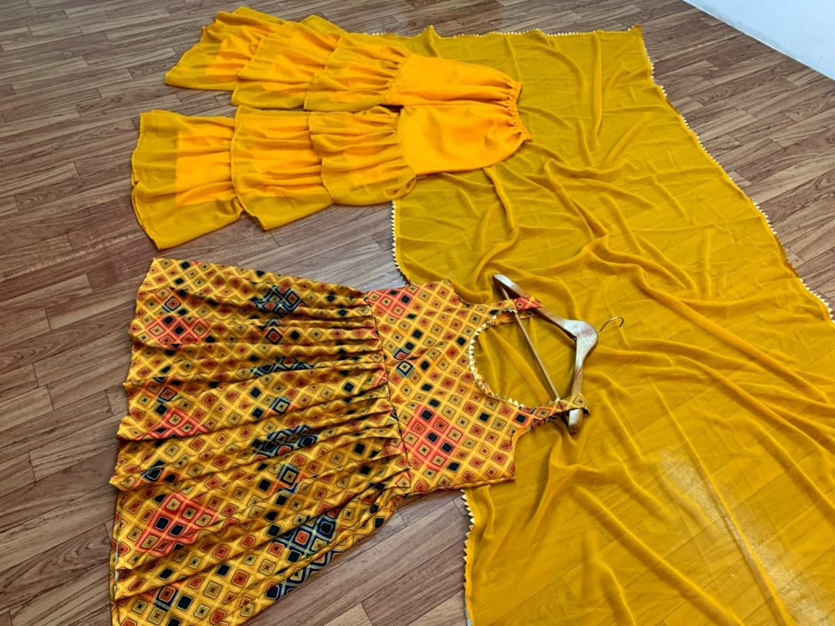 Exclusive Mustard Color Rayon Printed Party Wear Sharara Suit For Women