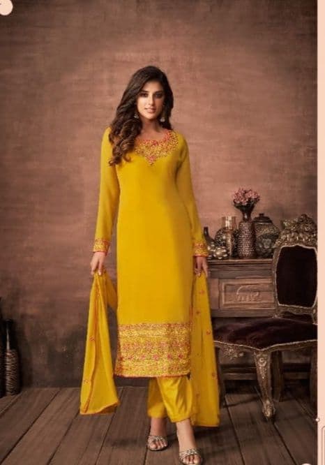 Starling Yellow Color Georgette Embroidered Work Party Wear Salwar Suit