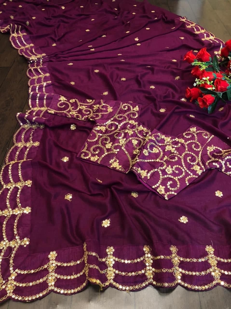 Engrossing Wine Color Festive Wear Silk Sequence Work Saree Blouse