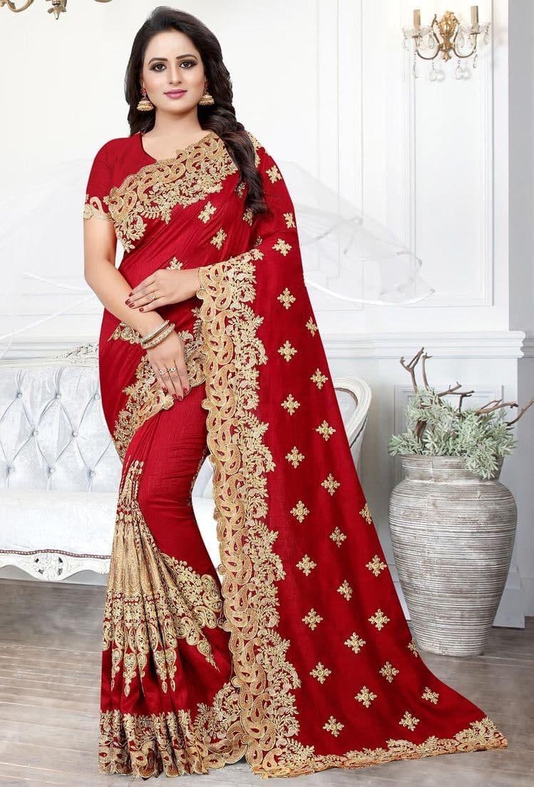 Shattering Red Color Function Wear Georgette Embroidered Design Work Saree Blouse
