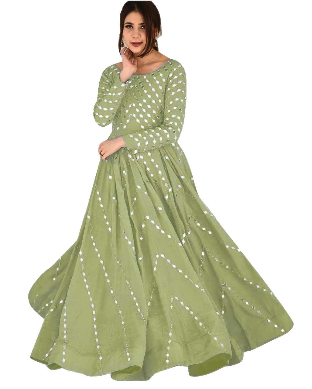 Classic Real Mirror Work Semi Stitched Silk Base Gown For Women