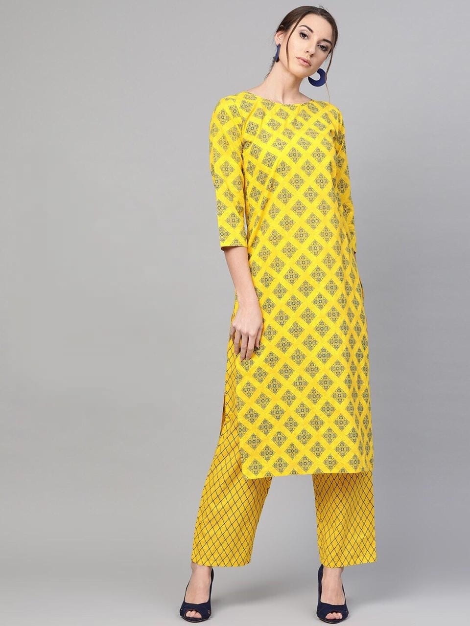 Wedding Wear Yellow Blue Color Geometric Printed Kurti With Plazo AVADH1060104J