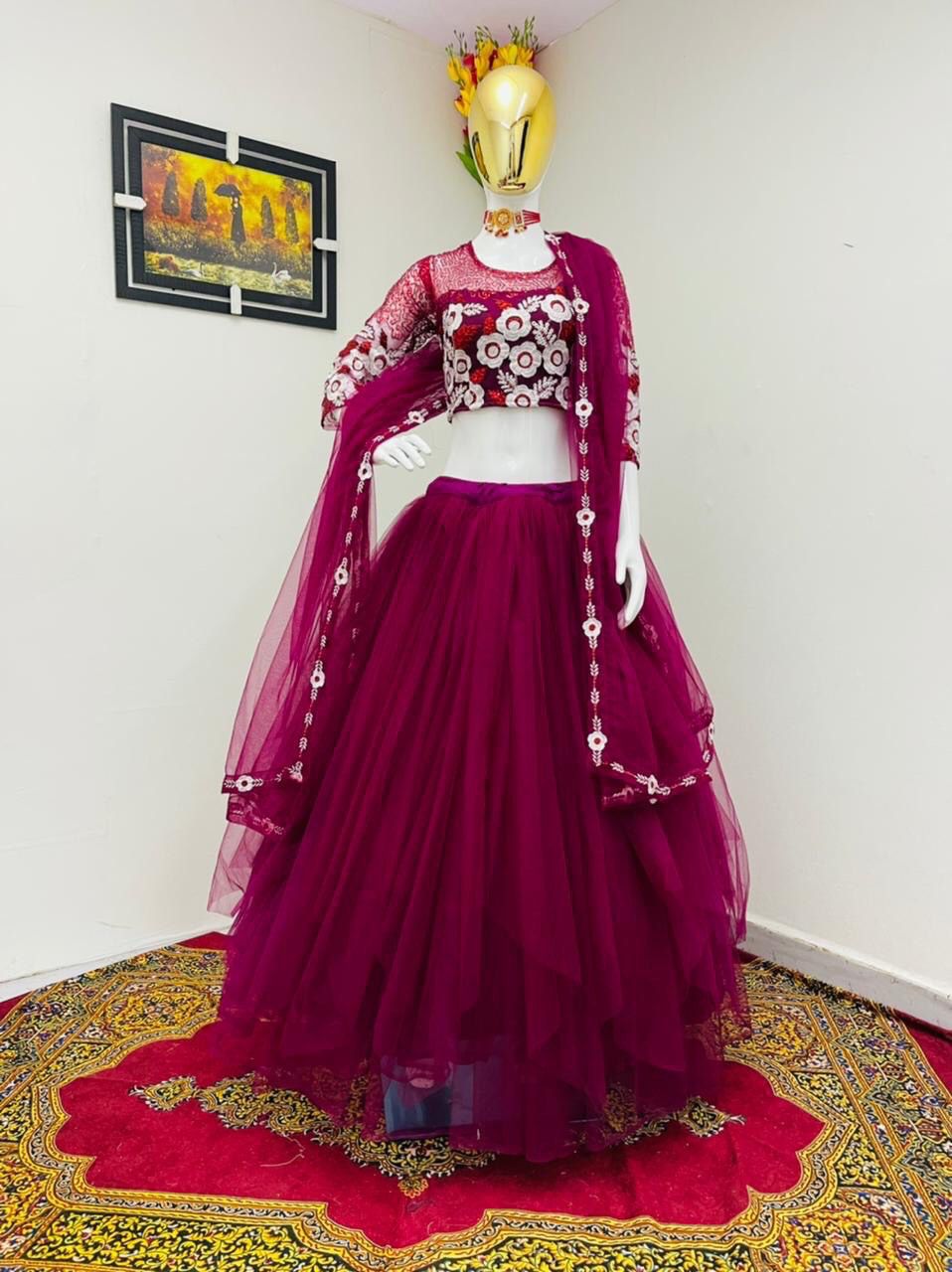 Wine Color Full Flair Net Embroidered Lehenga choli For Women