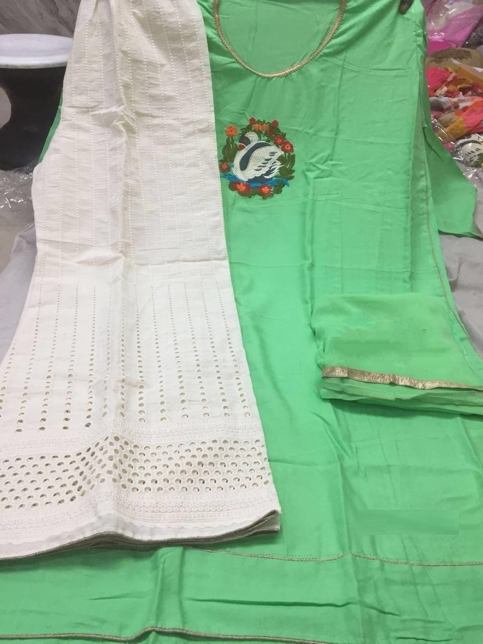 Green Color Rayon Kurta With Readymade Boring Plazzo Design Online