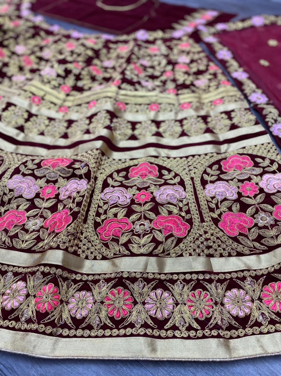 Maroon Color Velvet Bridal Wear Embroidered Lehenga Choli For Women