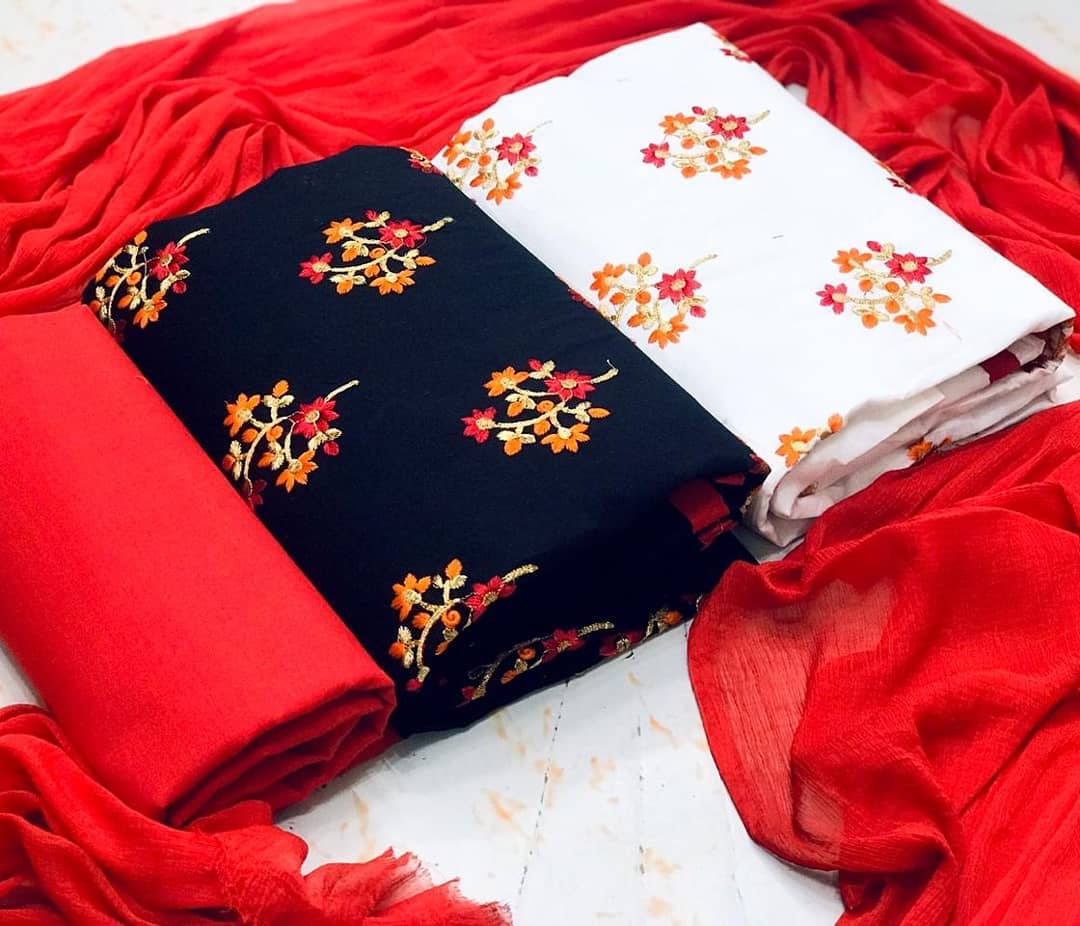 Red Color Two Top Semi Modal Embroidered Work Fancy Salwar Suit Set For Women