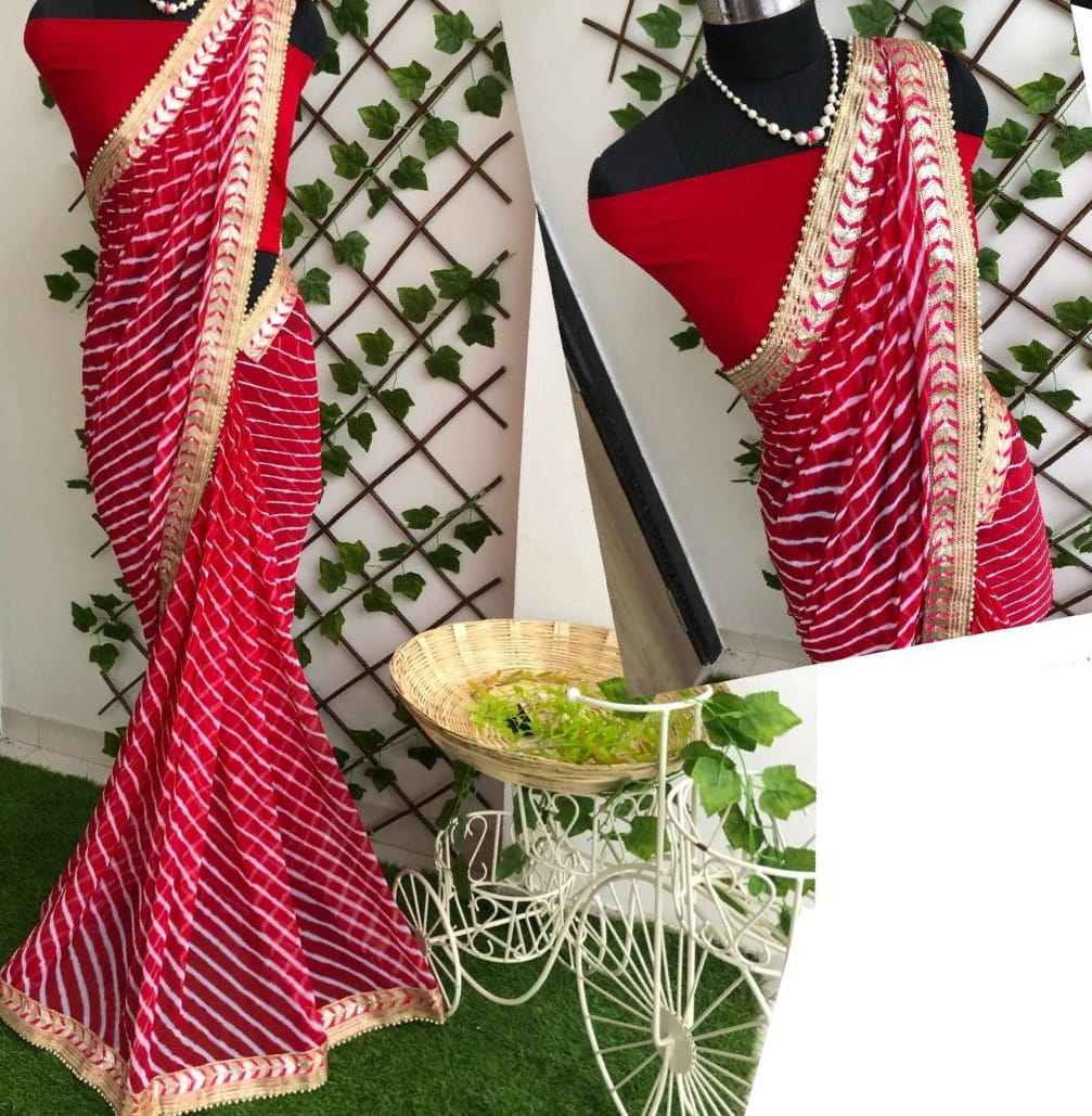 Pretty Red Color Festive Wear Nazmin Leheriya Designer Gotta Patti Border Saree Blouse