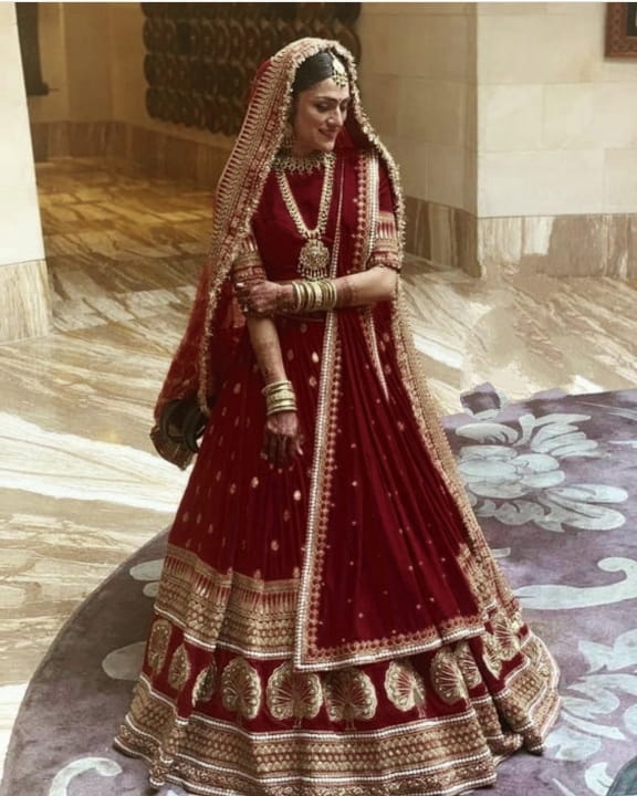 Carmine Color Designer Velvet Multi Embroidered Thread Work Lehenga Choli For Wedding Wear