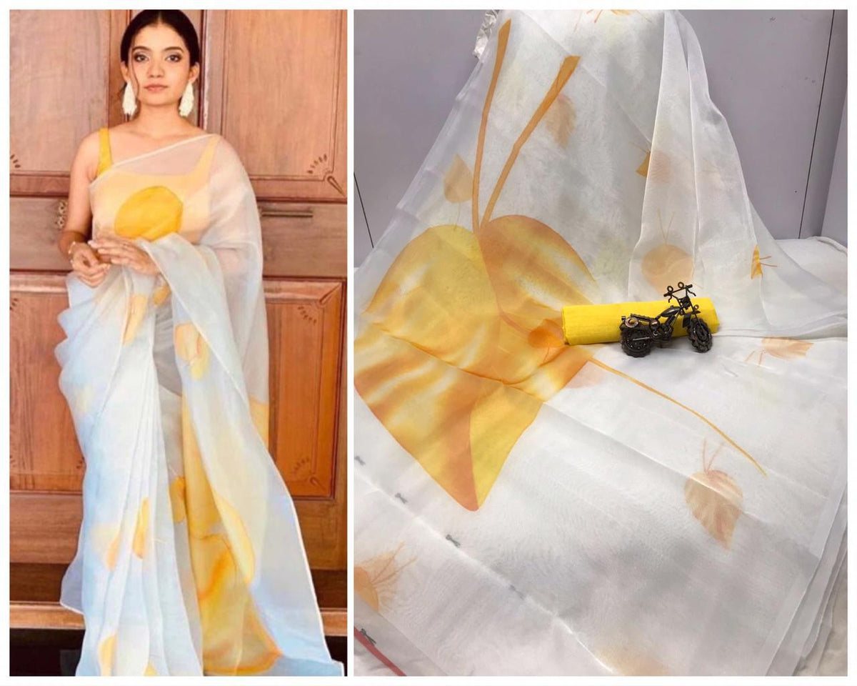 Pretty White Color Designer Digital Printed Organza Saree Blouse For Party Wear