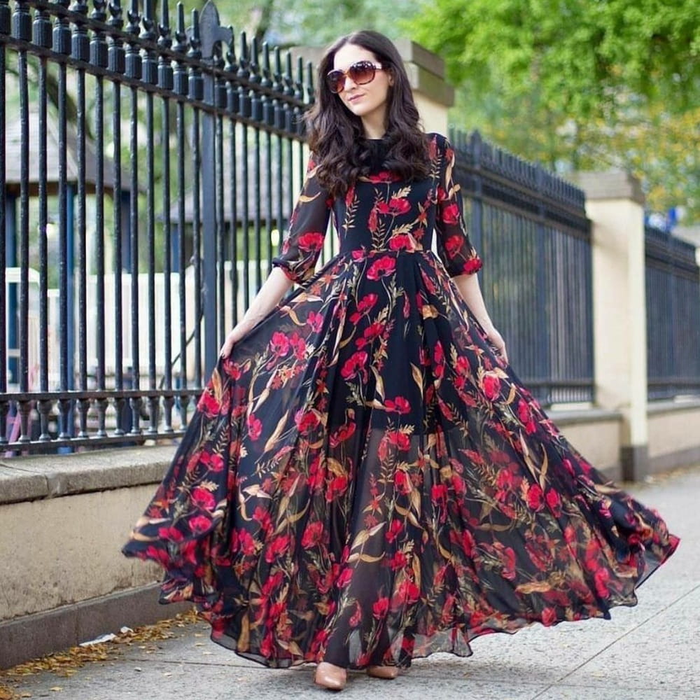 Opulent Black Color Ready Made Georgette Digital Heavy Printed Gown For Party Wear