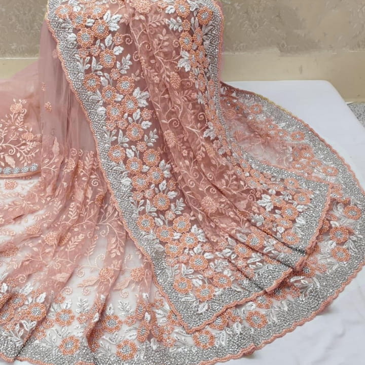 Classy Peach Color Function Wear Motti Ceramic jarkhand Embroidered Fancy Work Soft Net Saree Blouse
