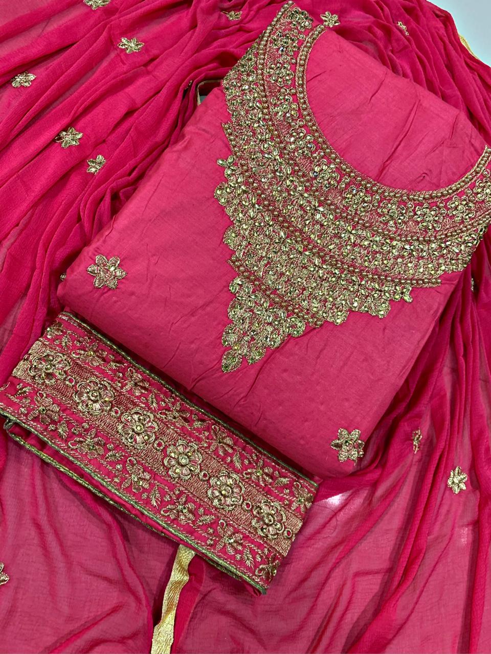 Ruby Color Cotton Designer Embroidered Diamond Work Salwar Suit For Wedding Wear