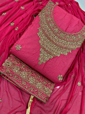 Ruby Color Cotton Designer Embroidered Diamond Work Salwar Suit For Wedding Wear