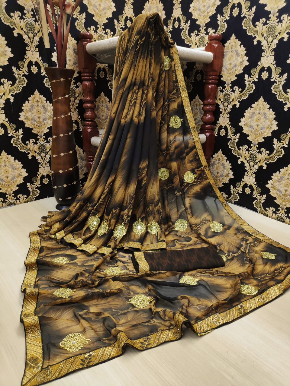 Rust Color Wedding Wear Georgette Embroidered Diamond Butti Machine Work All Over Lace Border Saree Blouse