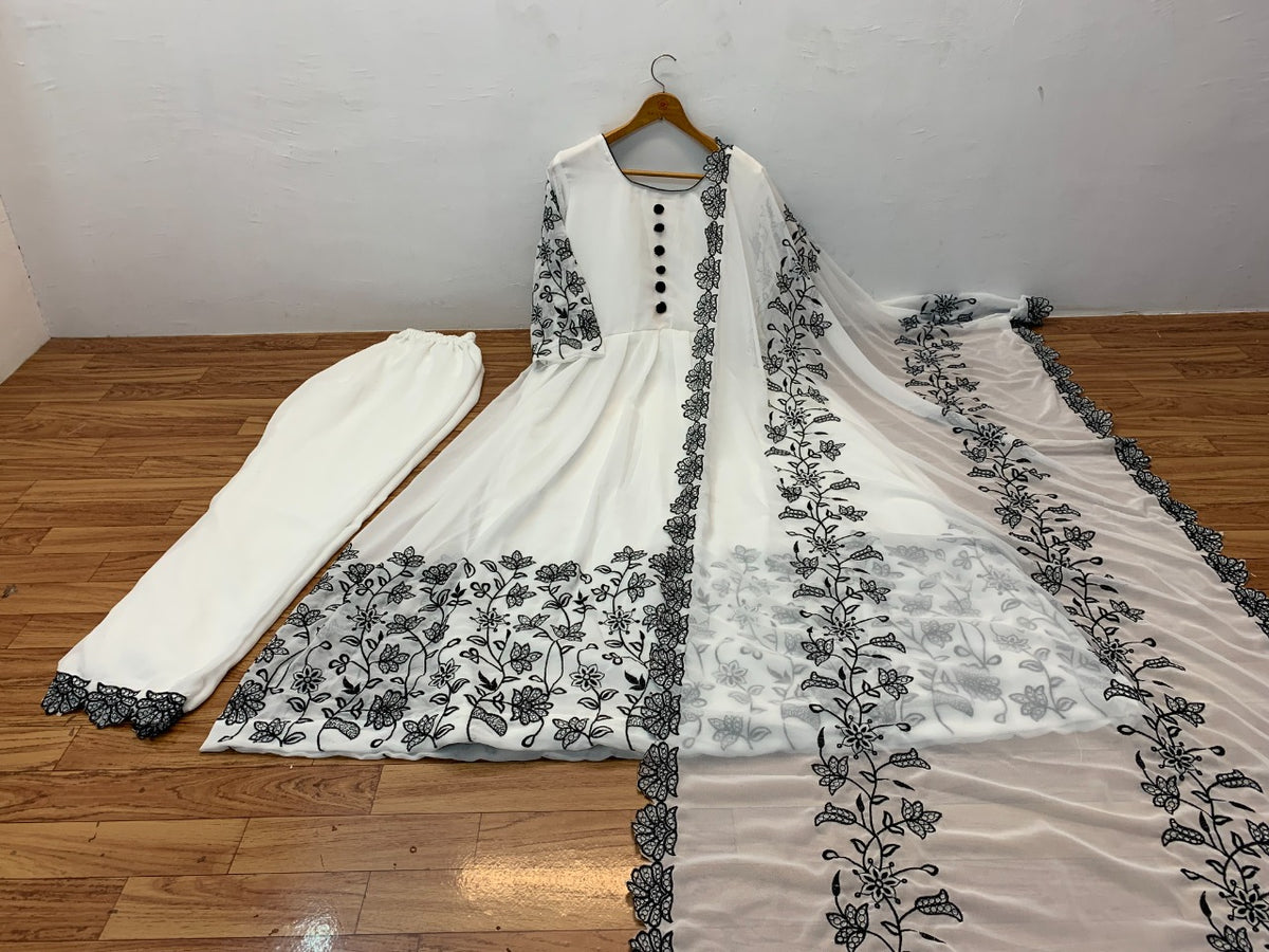 Latest White Color Embroidered Designer Suit With Dupatta For Women