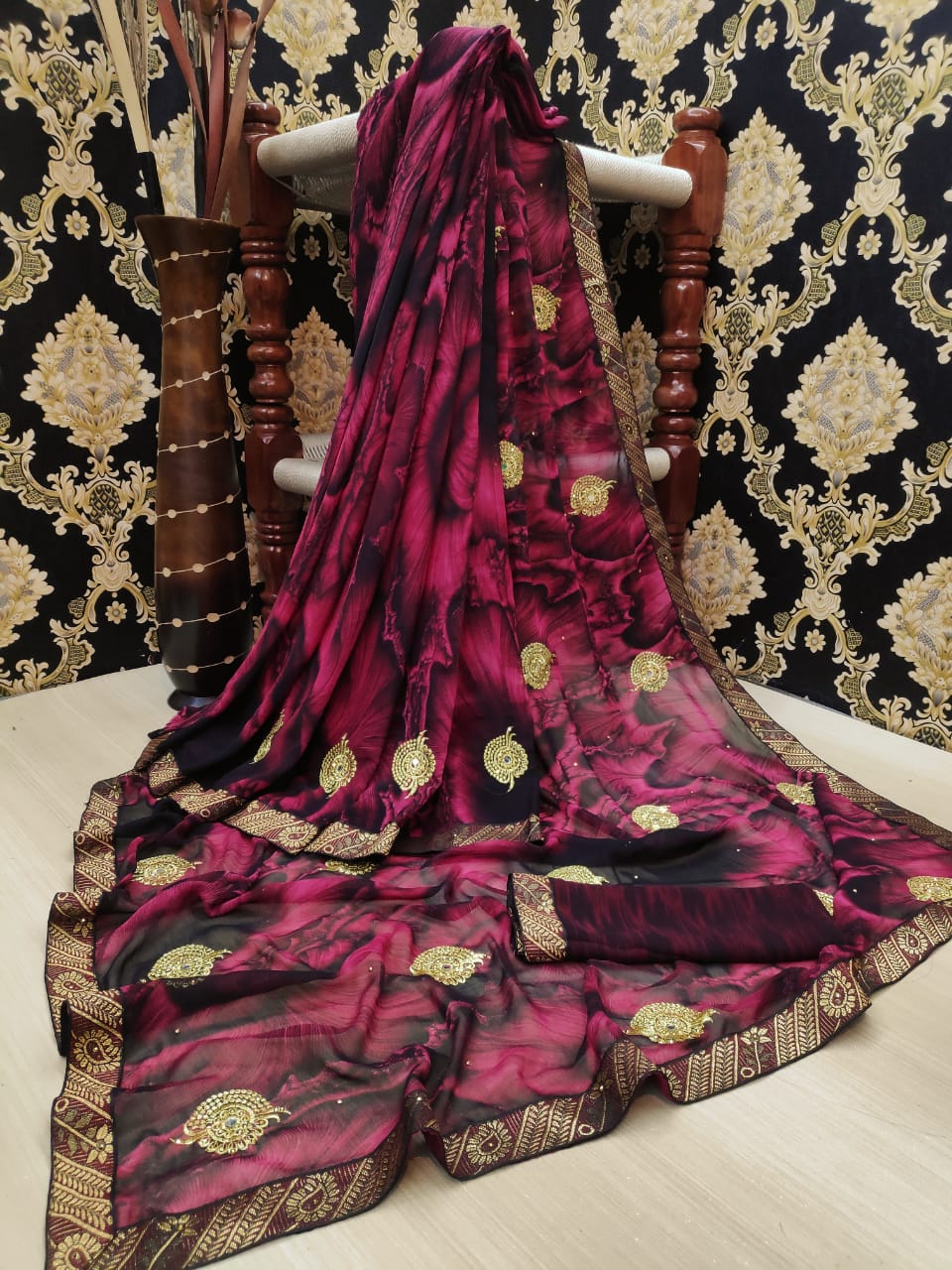 Knockout Burgundy Color Designer Diamond Machine Butti Embroidered Work All Over Lace Border Saree Blouse For Festive Wear