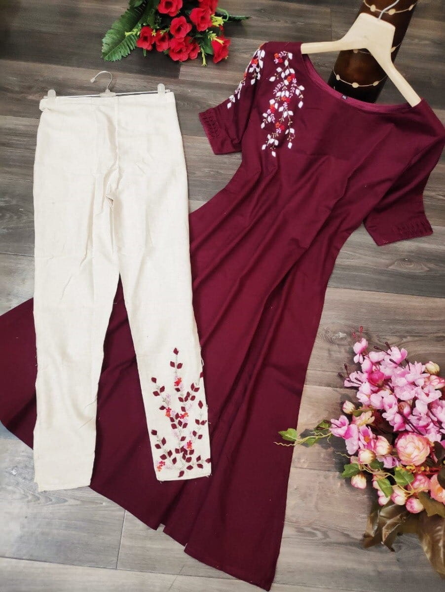 Wine Color Designer Flex Cotton Hand Work Full Stitched Kurti Pent For Women