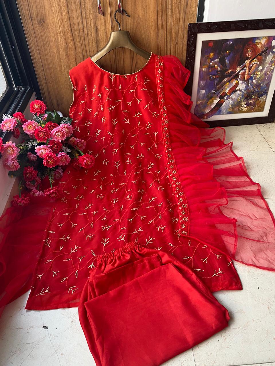 Red Georgette Stitched Suit Set