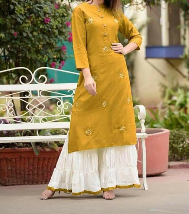 Mustard Rayon Full Stitched Embroidered Work Kurti Plazo VT3052123F