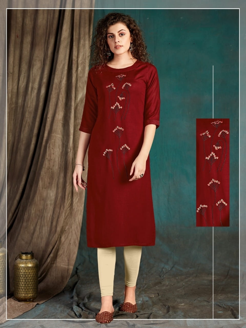 Good-looking Maroon Color Ready Made Slub Rayon Embroidered Work Kurti For Wedding Wear