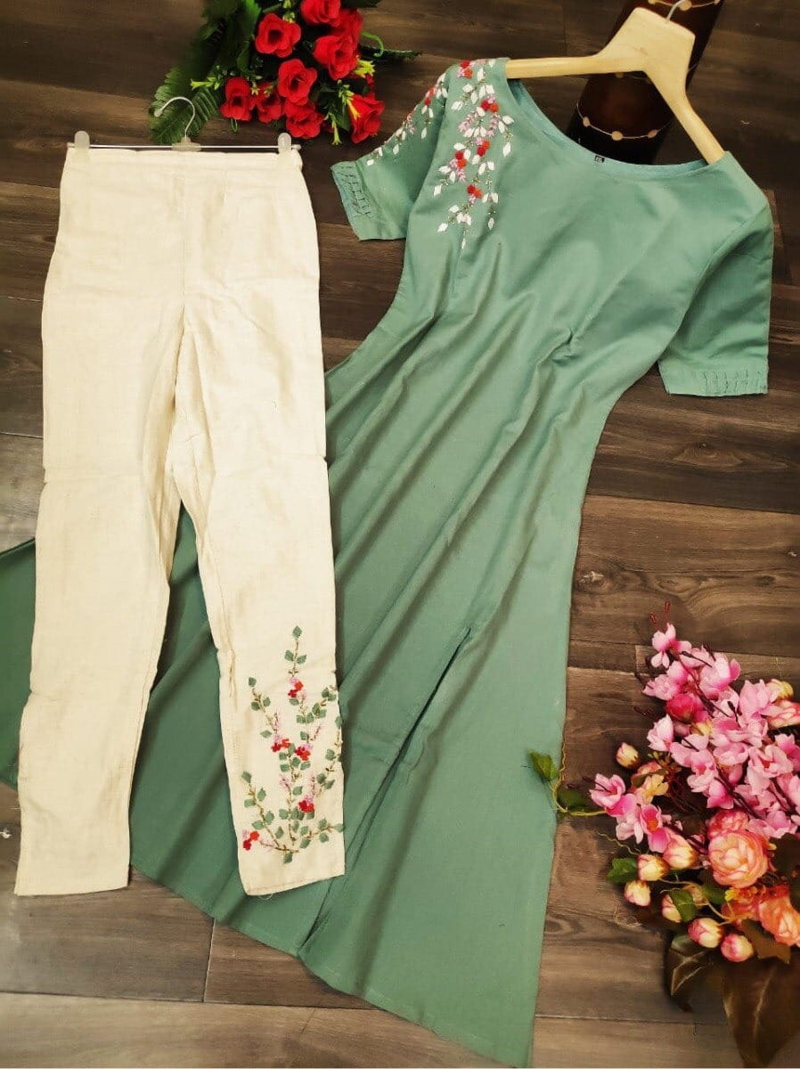 Fern Color Designer Flex Cotton Hand Work Kurti Pent For Function Wear