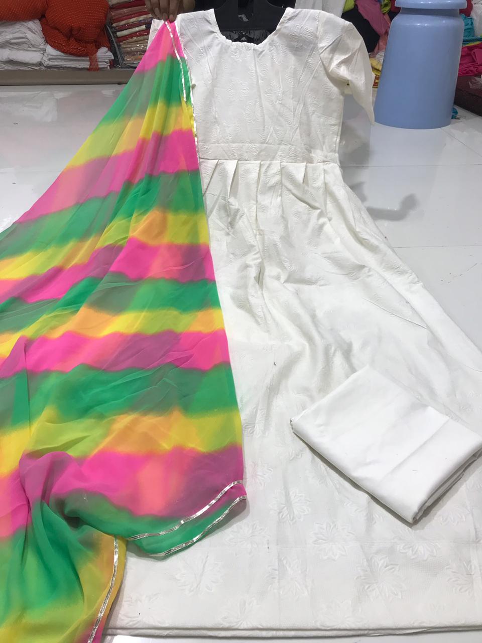 White Colored Party Wear Cotton Semi Stitched Kurti Bottom Dupatta Suit For Women