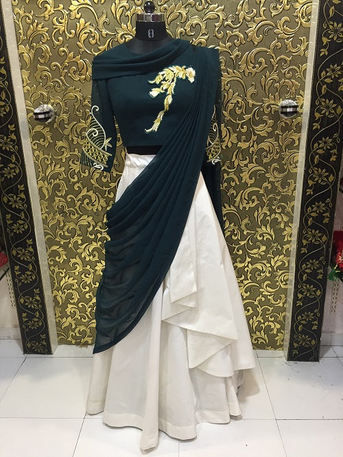 Dark Green Colored Taffeta Silk With Embroidered Thread Zari Work Blouse Lehenga