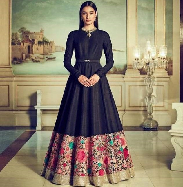 Fabulous Black Color Fancy Patola Printed American Silk Full Stitched Designer Party Wear Gown