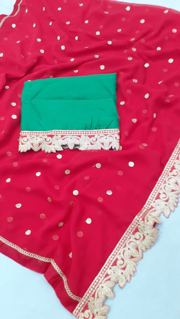 Red/Green Colored Function Wear Embroidered Saree For Women