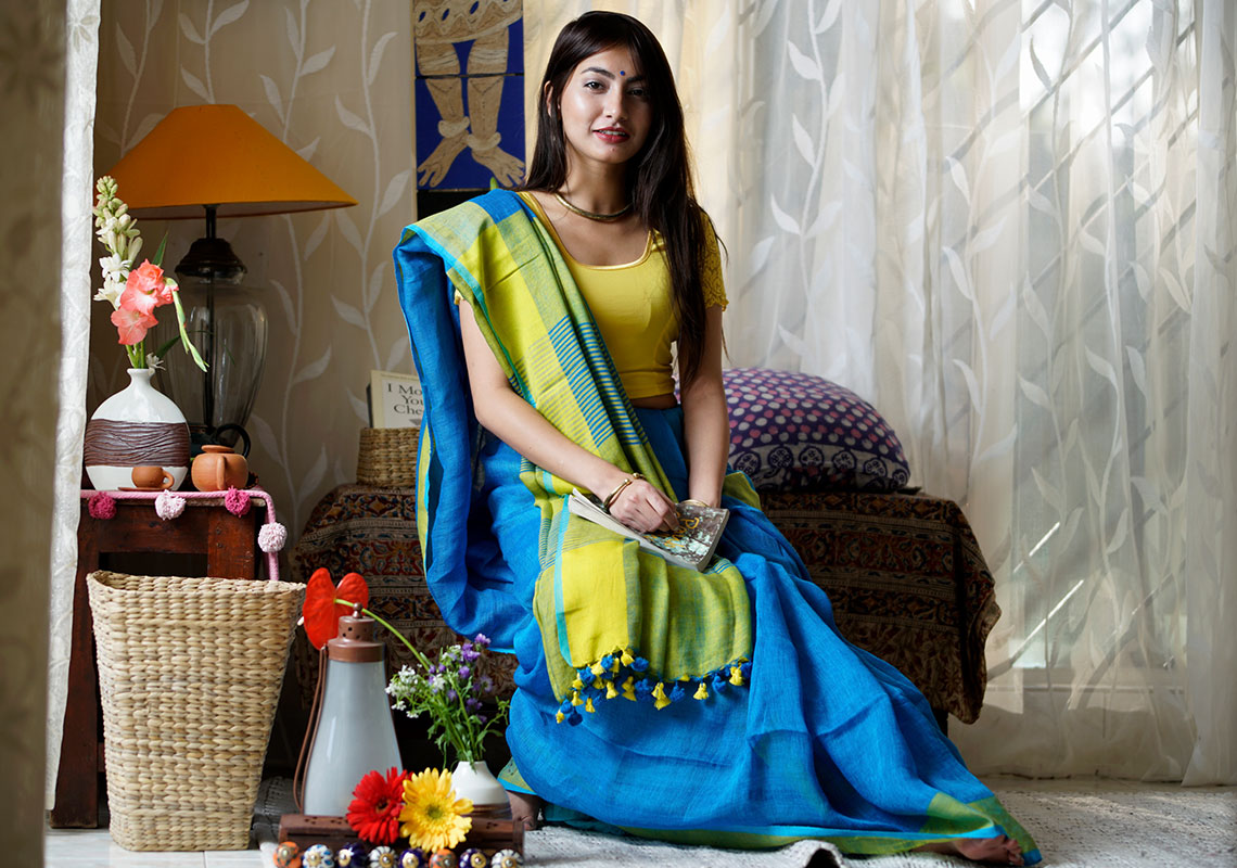 Pleasing Neon Blue Premium Linen Saree