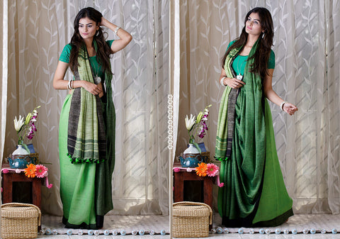 Fascinating Green Premium Linen Designer Saree For Women