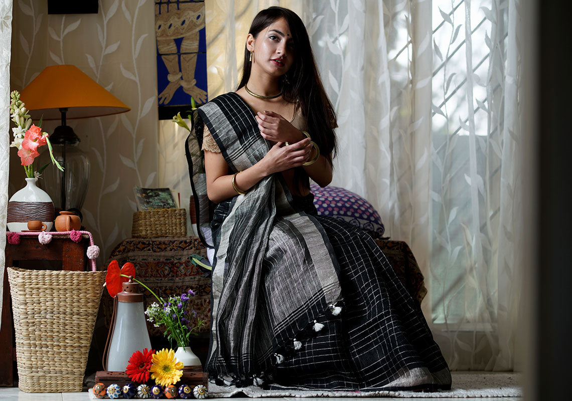 Vibrant Black Colored Party Wear Pure Linen Saree For Women