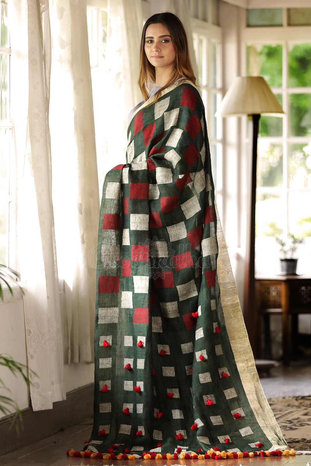 Ravishing Dark Green Premium Linen Saree For Women