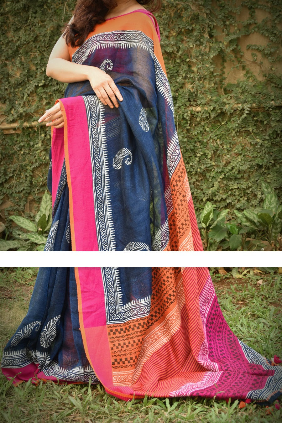 Groovy Navy Blue And Pink Colored Festive Wear Pure Linen Saree For Women