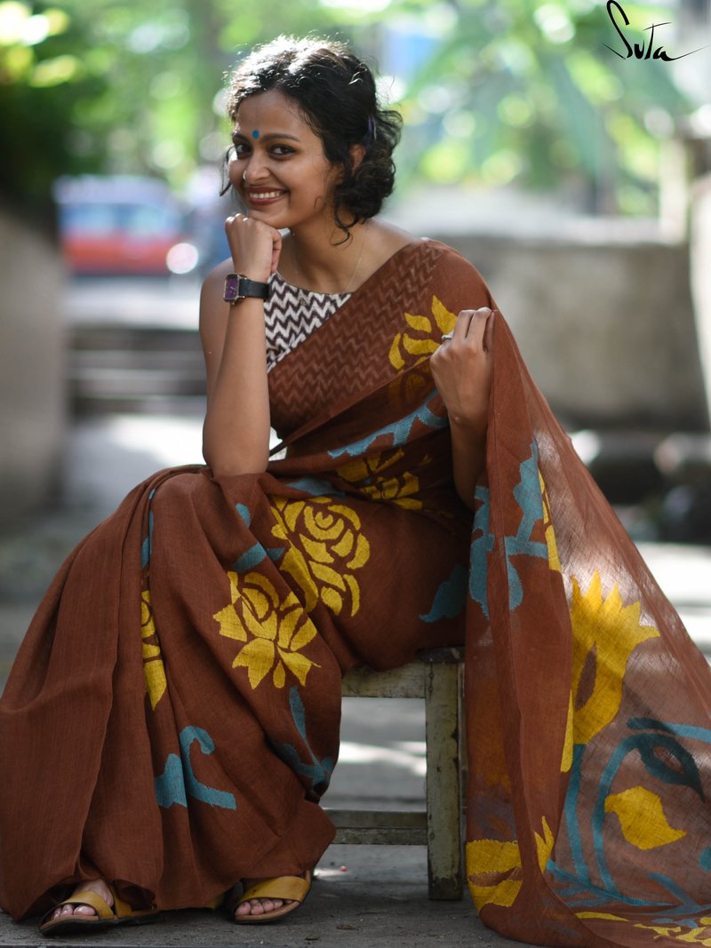 Deserving Dark Brown Colored Festive Wear Pure Linen Designer Saree For Women