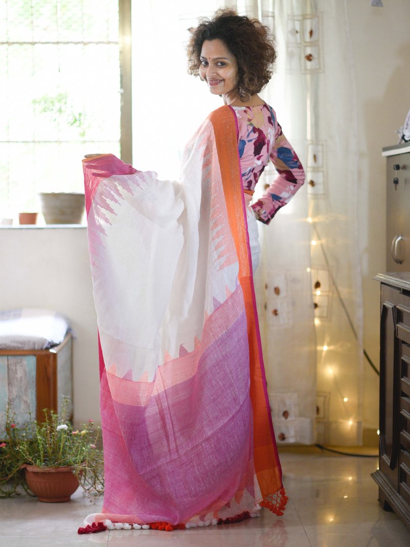 Groovy White And Pink Colored Festive Wear Pure Linen Designer Saree For Women
