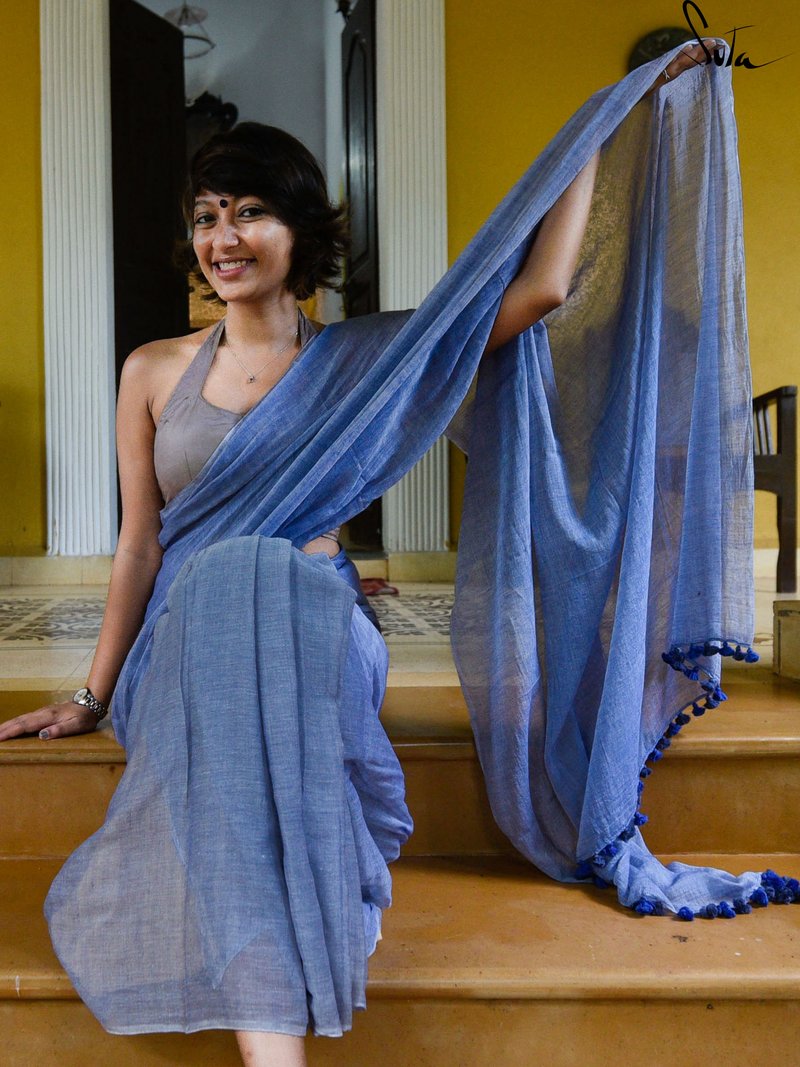 Trendy Royal Blue Colored Festive Wear Pure Linen Designer Saree For Women