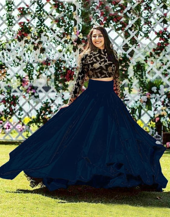 Navy Blue Taffeta Silk Two Layer Plain Lehenga With Velvet Work Choli