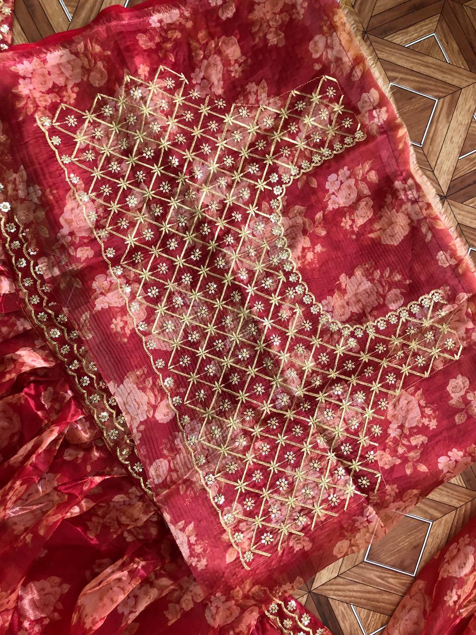Organza With Embroidery And Digital Print Work Wedding Lehenga