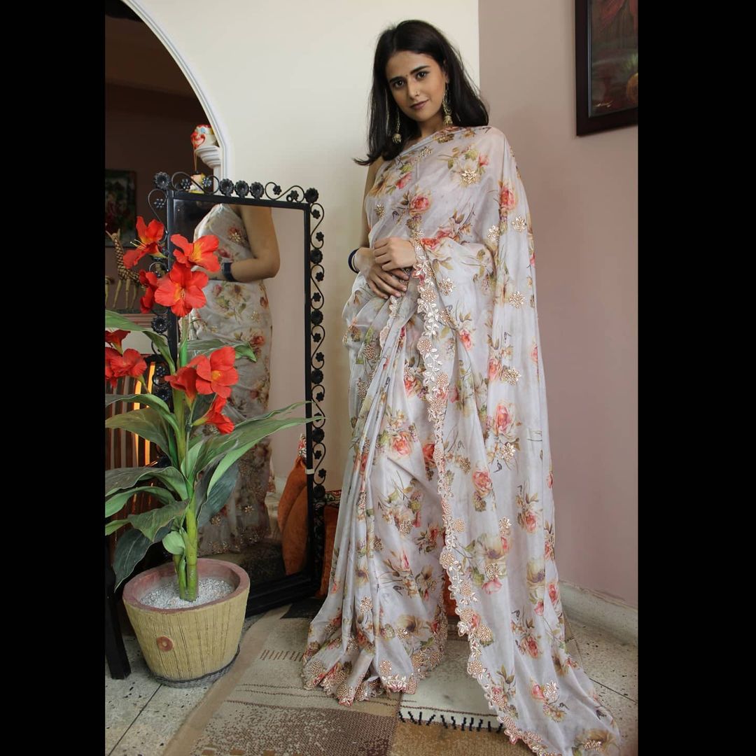 Party Wear Organza Digital printed Saree with designer Blouse