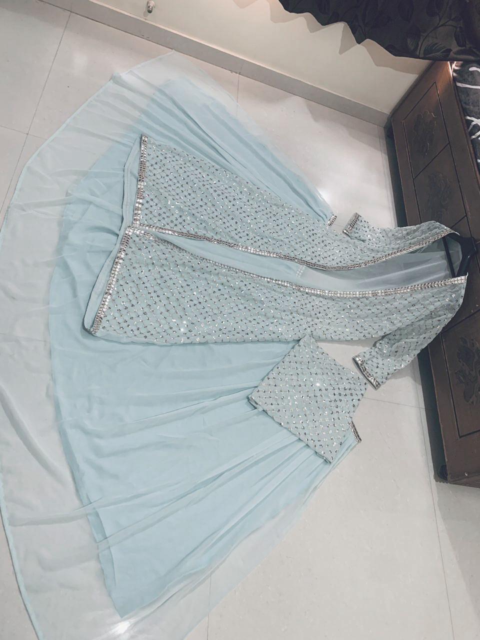 Party Wear Light Blue Color Georgette Mirror Koti Lehenga Choli