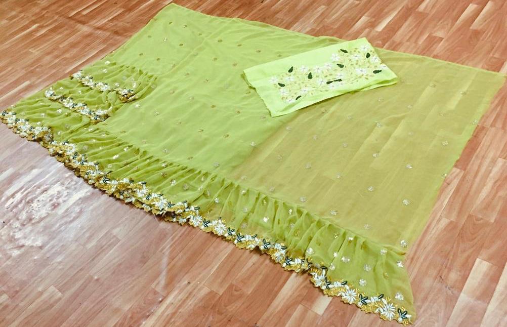 Green Color Party Wear Georgette Embroidered Ruffle Saree